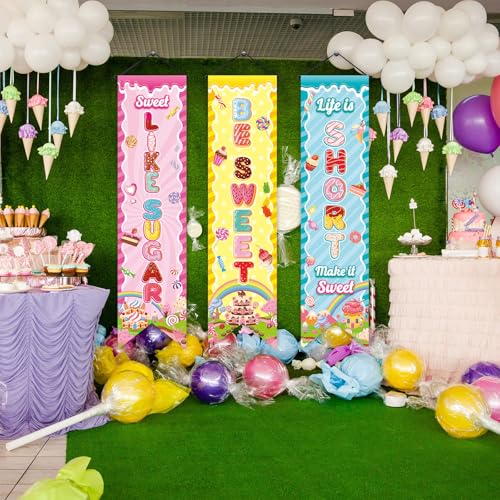 Image of Chiisong 3 Pcs Candyland Party Decorations Sweet Candy Banners Donut Lollipop Porch Sign Candy Land Hanging Flags Photo Props Backdrop Supplies for Outdoor Door Wall Yard Birthday Baby Shower
