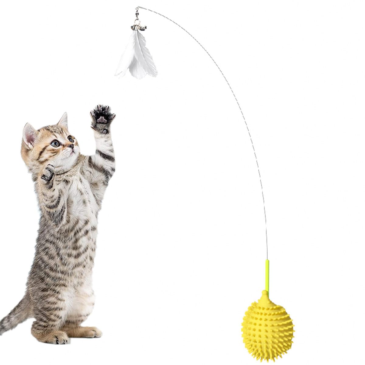 NeoStyle Cat Feather Toys,Cat Wand Toy with Powerful Suction Cup,Interactive Cat Toy Detachable Feather Replacements with Bell for Indoor Cats (Yellow, Cat Self Groomer+Feather Toy)