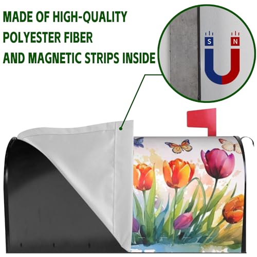 Image of Watercolor Tulips with Butterfly Mailbox Covers Magnetic Standard Size, Spring Summer Magnetic Mailbox Covers 18 inchx21 inch for Outside Yard Decor