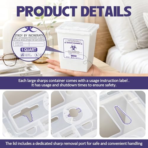 Image of Hushee 6 Pack 1 Quart Sharps Container for Home Use, Multi-Purpose Small Portable Container for Home, Travel, Professional and Personal Use, Translucent Lid, Permanent or Temporary Closure