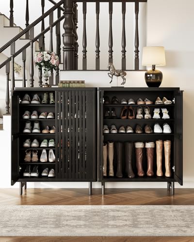 LITTLE TREE 6-Tier Shoe Cabinet with Doors for Up to 24 Pairs, Large Wooden Shoe Storage Cabinet with Adjustable Shelves, Black Freestanding Shoe Organizer Cabinet for Entryway, Hallway