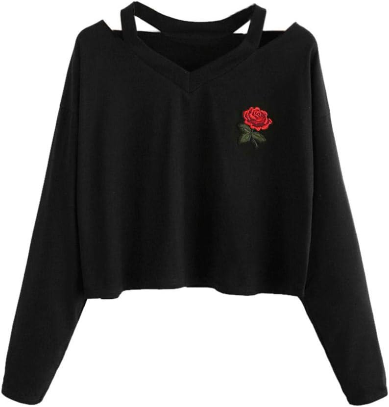 Women's Casual Floral Rose Print Long Sleeve Crop Tops Teen Girls Tops Sweatshirt Blouse Shirts