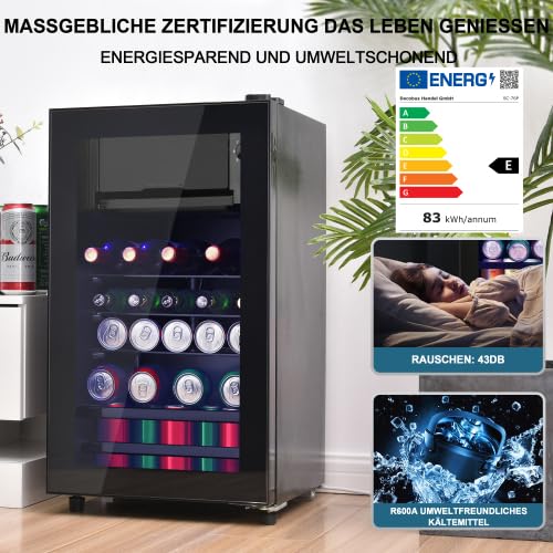 Merax Getränkekühlschrank 76L, Mini Kühlschrank mit Gefrierfach, 6L Gefrierfach + 70L Kühlfach, 43dB, LED-Beleuchtung, 5 Temperatureinstellungen, Energiesparend