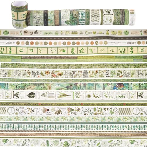 Magibeads 20 Rolls Scrapbook Tape Green Decorative Tape Set Leaf Floral Tape Pack Aesthetic Colored Tape Rolls Stickers for Crafts DIY Scrapbook Bible Study Journaling Planner Supplies 5/10/15/20/25mm