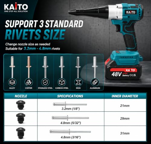 Image of KAITO KT-5801 Cordless Brushless Rivet Gun 48V Li-ion | 2x 48V 5.0Ah Batteries, 20,000N Pull Force, Includes Fast Charger, 2.4-4.8mm Rivet Size, Carry Case Included