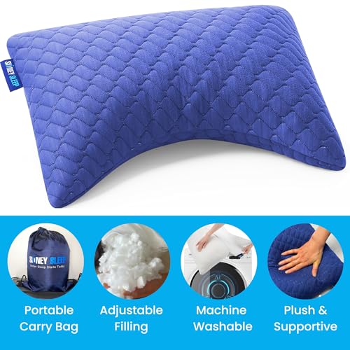 Image of Sidney Sleep Mini Travel Size Neck Pillow - Knee, Back Lumbar and Support - Small Curved Pillow - Adjustable Fill - Washable Case - Drawstring Backpack Included - 14 x 19 Inches (Mini - Blue)