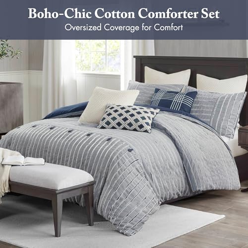 Image of Madison Park Comforter Cotton Clipped Jacquard, Oversized Comforters King Size Bed, All Season Down Alternative Overfilled King Size Comforter, Essence, King /Cal King, Blue 9 Piece