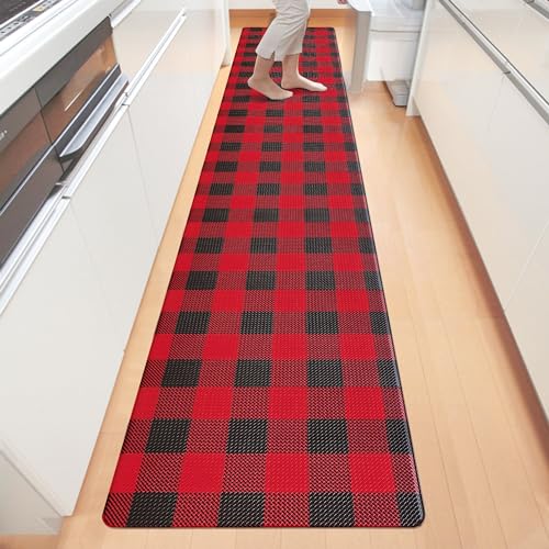 Aoczes Langer Küchenläufer, Anti-Müdigkeit, Bodenmatte, 43 x 238 cm, schwarz-rot, Büffelkariert, wasserdicht, rutschfest, Komfortmatte für Küche, Büro, Waschküche
