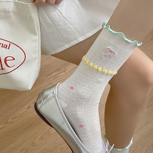 Starella Women's Cute Bow Ruffle Frilly Socks Mesh Polka Dot Casual Crew Sock for Girls Flats 4 Pairs2