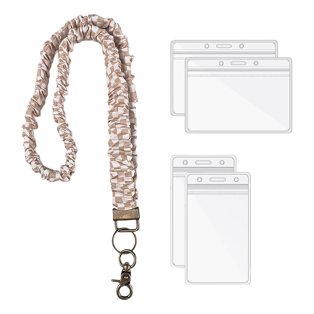 Gingham Scrunchie Neck Lanyard Retractable Stretchy Nurse Lanyard Elastic Name Badge Necklace Strap Cute Elastic Keychain Holder with 4 Pcs Clear Card Holders for Wallet Purse