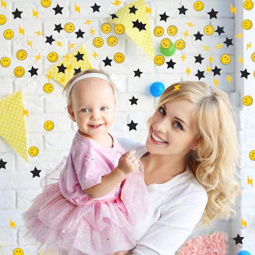 Image of Whaline 300Pcs One Happy Dude Table Confetti Smile Face Lightning Star Shaped Confetti Yellow Black Table Centerpiece for First Birthday Party Decoration