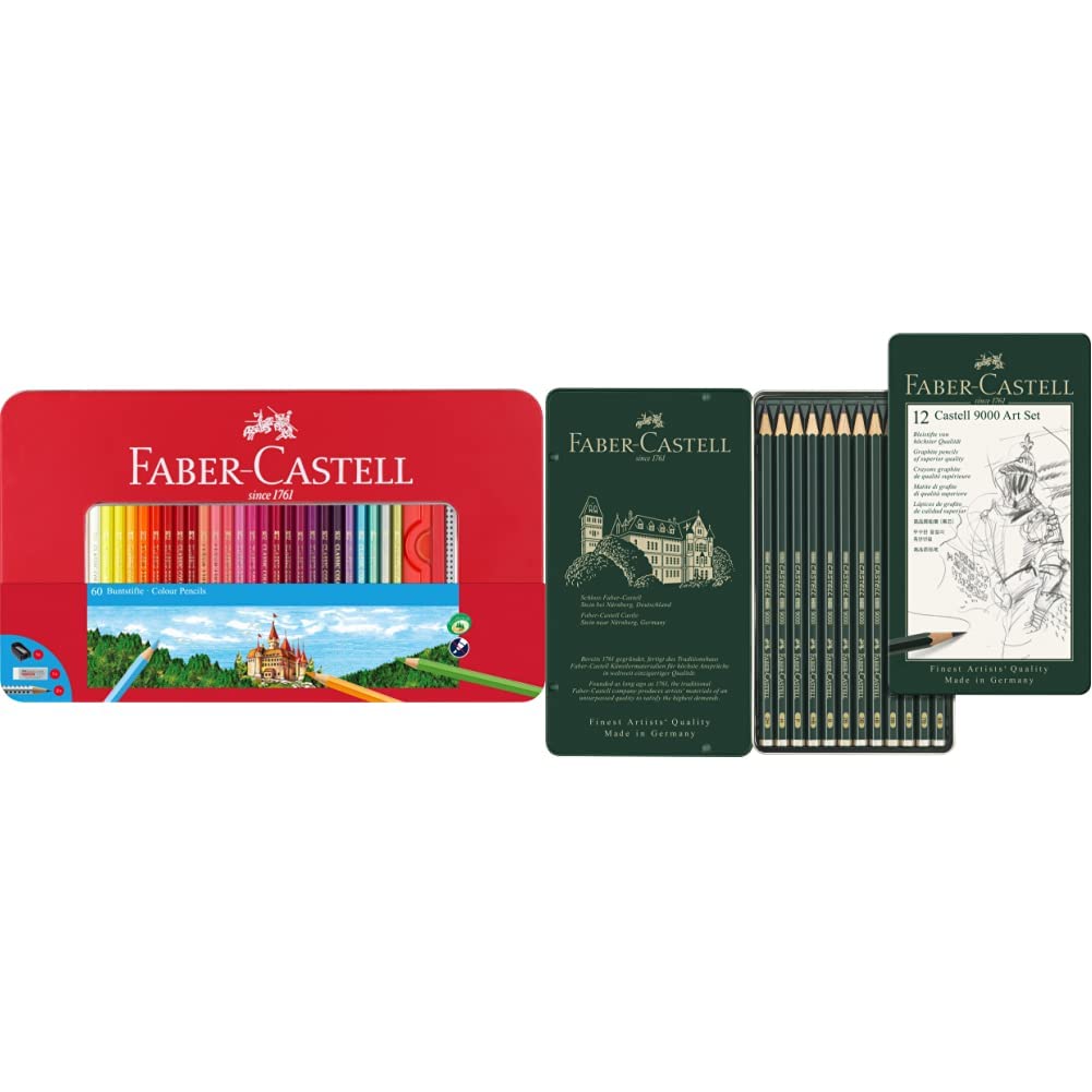 Faber-Castell 115894 - Estuche de metal con 60 lápices de color, con forma hexagonal & 119065 - Set de 12 lápices Castell 9000 para dibujo artístico. Diferentes grados de dureza.