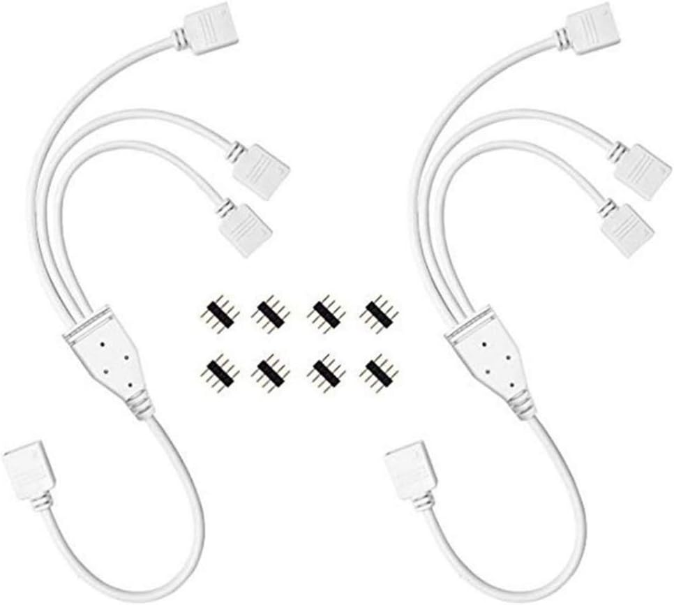 2 Pcs 4 Pin LED Strip Splitter 2 Way Strip Connector Cables with 8 Pack Male 4 Pin Plugs for One to Three 5050 3528 RGB Strip (White)
