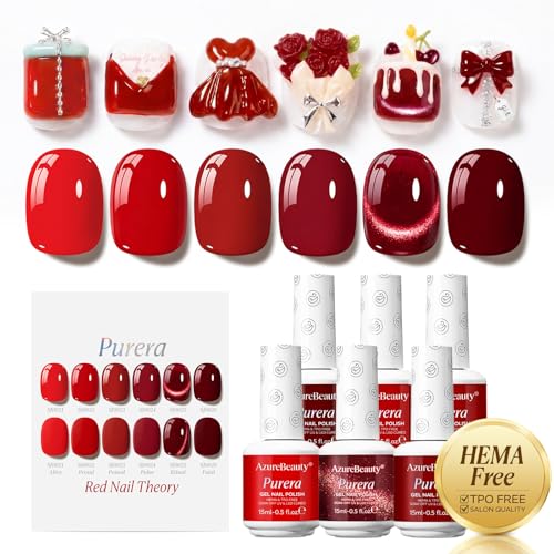 Image of AzureBeauty 15ml HEMA Free Red Purera Gel Nail Polish Set 6 Colors Ruby Burgundy Dark Cherry Red Cat Eye Magnetic Gel Polish Same Color Bottles Soak Off UV LED Nail Art Kit for DIY Home Manicure Salon