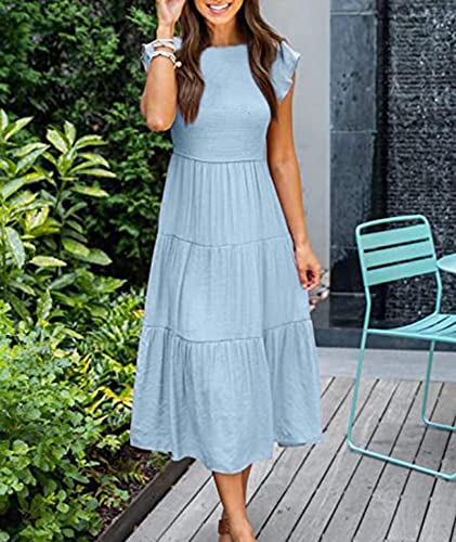 Image of Sexyshine Women's Square Neck Halter Lace Up Criss Cross Maxi Dress Tie Back Sleeveless Smocked Ruched A Line Dress