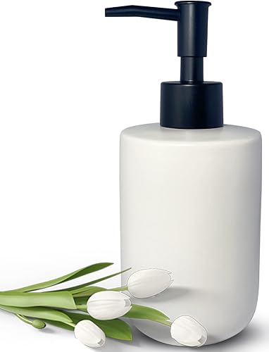 Dispensador de jabón blanco con bomba negra mate para baño, dispensador de loción cilíndrico de diseño moderno minimalista, dispensador de jabón de