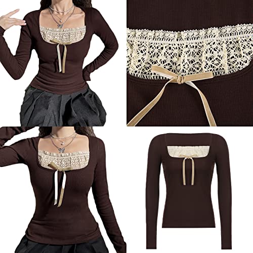 Image of Fairy Grunge Shirts for Women Y2K Tops Long Sleeve Lace Patchwork Tees Teen Girls Vintage Slim Blouse Fall Clothes