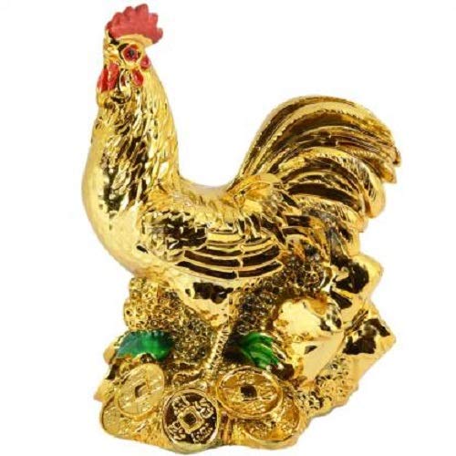Polyresin Rooster Murga Statue on Coins for Home Office Decor Showpiece | Vastu Decoration Item Length 8 x Width 5 x Height 10 CM (Polyresin,Golden, Pack of 1)