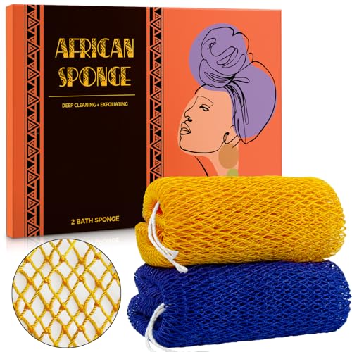 African Net Sponge Authentic - 2 Pieces Real African Exfoliating Sponge with Knots - Afro Back Scrub Net for Body Exfoliator - Bath Washcloth for Shower
