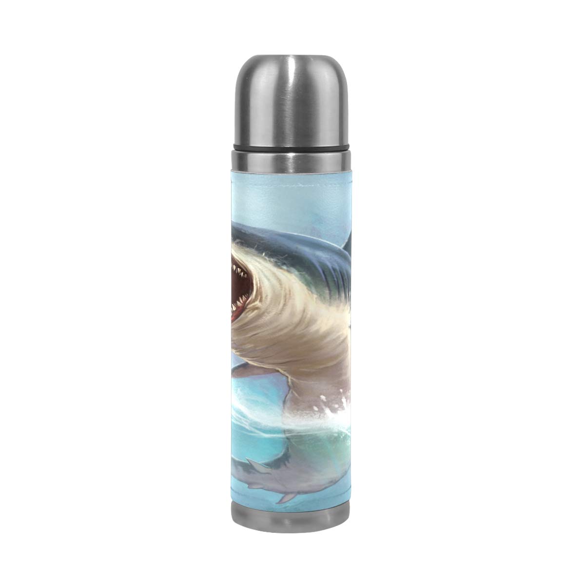 Taza de viaje de acero inoxidable con aislamiento al vacío, doble pared, a prueba de fugas, diseño de tiburón blanco personalizado impreso en piel auténtica, 500 ml