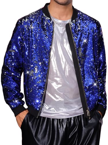 Image of Lars Amadeus Sequin Varsity Jacket for Men's Zipper Party Disco Flip-Sequin Shiny Bomber Jackets