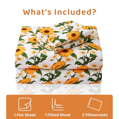 Image of Mooreeke Cozy Vintage Microfiber Printed Floral Full Sheet Set - Soft & Breathable Yellow Sunflower Bed Sheets with Extra Deep Pocket - Non-Slip Fitted Design - Sunflower Pattern - Full