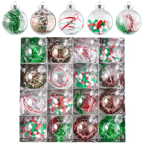 16 esferas de adorno de Navidad transparentes, 3.5 pulgadas de plástico transparente rellenable, para proyectos de manualidades, Navidad, vacaciones, decoración del hogar (rojo y verde)