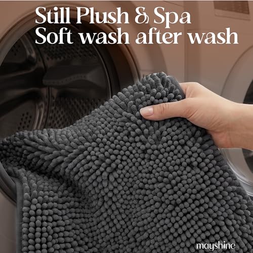 Image of MAYSHINE Small Plush Shaggy Chenille Bath Mat 23 inchx14 inch Extra Soft, Super Absorbent, Non-Slip Bathroom Rug | Fluffy Microfiber, Area Rug Sets for Bathroom Floor, Kitchen, Living Room |Charcoal Gray
