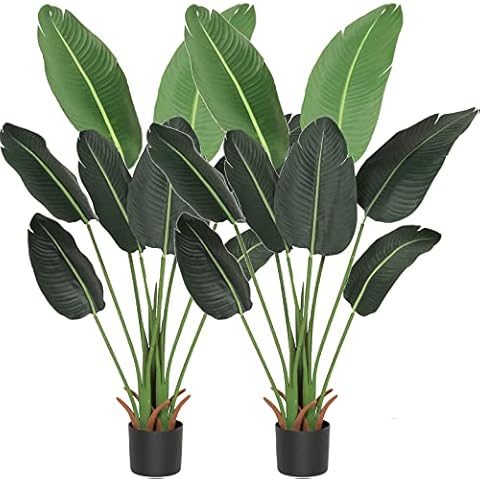 VIAGDO Bird of Paradise Artificial Plants 4ft Tall Faux Tropical Banana Leaf Plant Fake Travelers Palm Tree Potted Silk Plants for Home Office Indoor Floor Corner Decor Housewarming Gift, 2Pack Cover