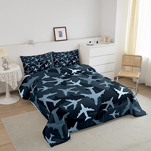 Camo Airplane Comforter Set Queen,Cartoon Airplane Pattern Bedding Set 3Pcs For Kids Boys Teens Room Decor,Camouflage Grey Black Down Comforter Soft Microfiber Duvet Insert With 2 Pillowcases #TOP1