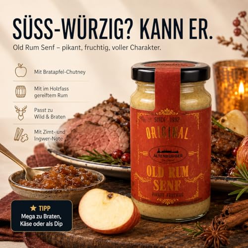 Altenburger Original Feine Spirits Box mit Whisky-, Dry Gin- und Old Rum Senf (3x200 ml), mittelscharf