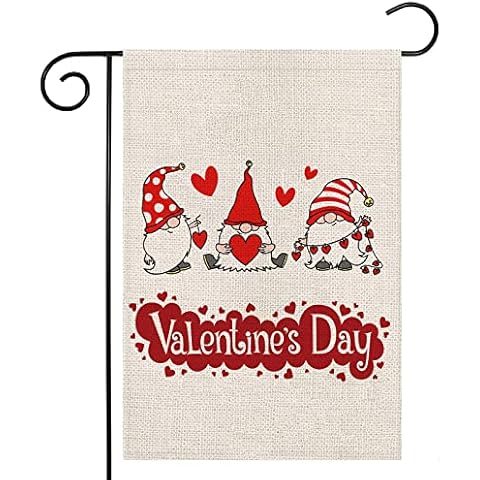 EKOREST Valantines Day Garden Flag for Outside,12 x 18 Inch Double Sided Gnomes Red Love Heart Happy Valentine's Day Yard Burlap Banner for Farmhouse Outdoor Decoration Cover