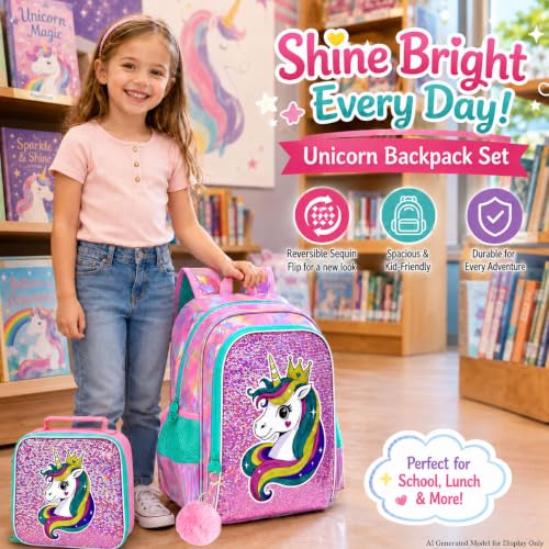 Image of CCJPX 16 inch Unicorn Backpack for Girls, 3Pcs Kids Sequin Bookbag with Lunch Box, Water Resistant Elementary School Bag for Kindergarten Preschool Toddler (Pink)