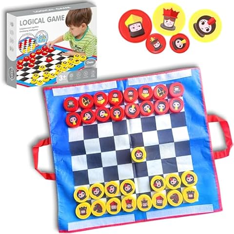 Gocasmus 2-in-1 Chess and Checkers Set for Kids - Beginner Chess Set, Foldable Travel Board Game No Stress Learning Chess with Storage Pouch Children Gift Cover