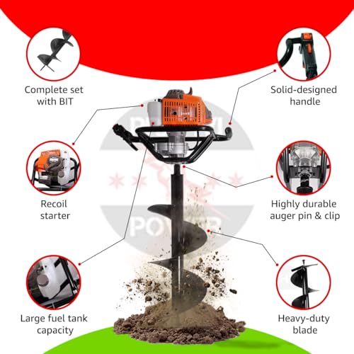 Image of Earth Auger with Powerful 68cc 2 Stroke Petrol Engine and Heavy Duty Double Spiral Planters of 8 Inch size for Digging Holes, Plantation & Fencing on Farms. FREE 2T OIL.