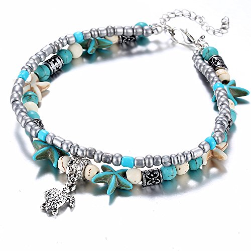Preisvergleich Produktbild KENYG Fashion Doppellagige Perlen Fußkettchen Conch Seestern Mizhu Yoga Sommer Strand Schildkröte PAnhänger Fußkettchen Kette Armband