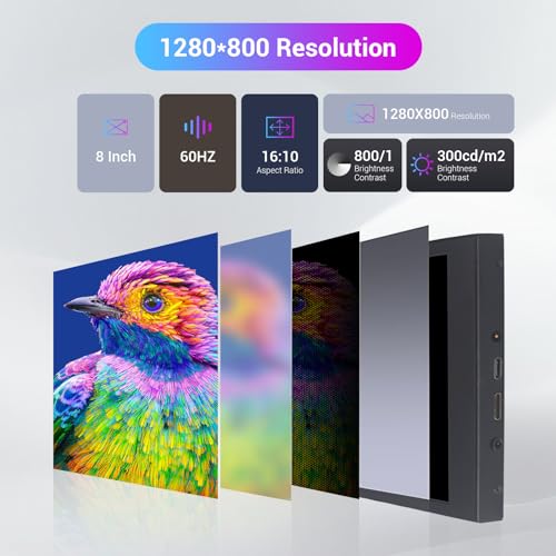 Image of 8 Inch Touch Screen Portable Monitor, Mini HDMI Display, 1280 * 800 Resolution for PC Laptop Compatible with Raspberry Pi Game Consoles