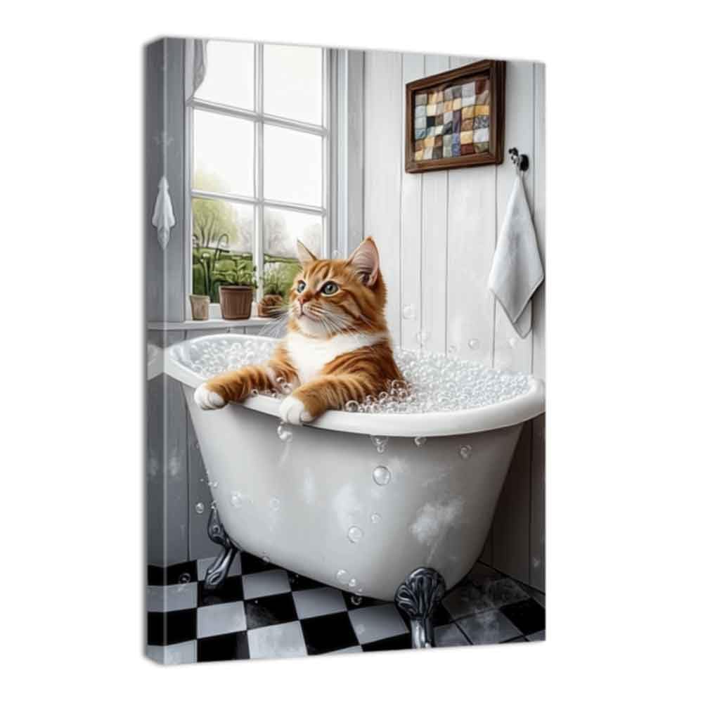 ZQQART Bathroom Animal Canvas Wall Art Cat in Tub Picture Animal Paintings Toilet Sign Wall Decor Framde Ready to Hang(Brown,20.00" x 30.00")