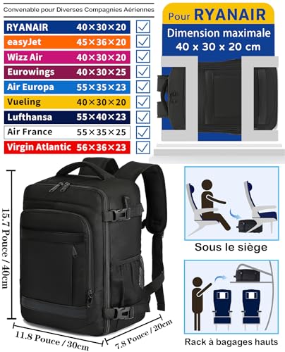 Sac Cabine Ryanair 40X30X20 : KLOSTAIN Sac à dos Voyage Cabine Avion 40x30x20 Bagage Cabine 24L... – Image 2