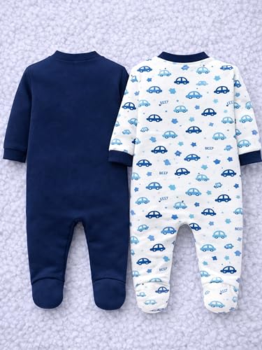 Image of Kidbee Baby Cotton Romper Pack of 2 | 100% Soft Cotton Hosiery | Front Open Snap Buttons | Full Sleeve Footed Sleepsuit | Newborn Baby Clothing Set