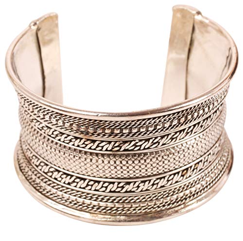 Image of Touchstone Indian Bollywood Desire Brass Base Exotic Workmanship Free Size Cuff Bracelet in Antique Gold Or White Or Copper Tone for Women.
