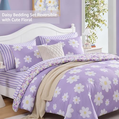 Image of Twin XL Comforter Set for Girls Purple Daisy 5 Pieces Bed in a Bag