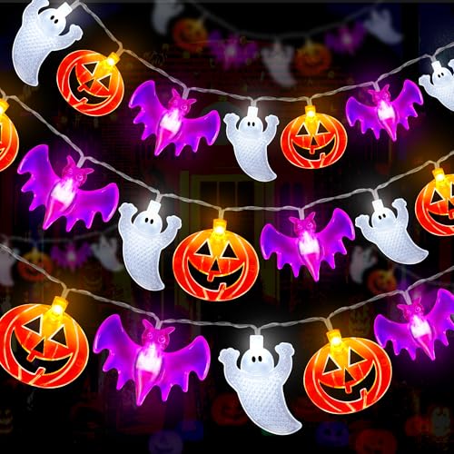 2 Pack Halloween Lights Indoor Outdoor Decorations Total 40FT 60 LED Pumpkin Bat Ghost Halloween String Lights Battery Operated, 8 Modes Waterproof Spooky Fairy Lights Home Yard Window Outside Decor by Huyamap - Used condition - US$11.84