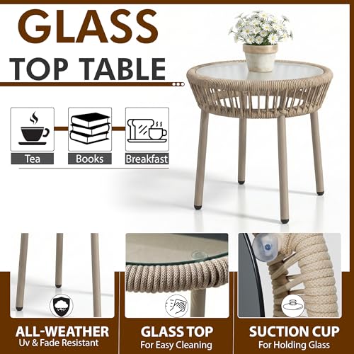 Image of OUTLIVING Braid & Rope Garden Patio Seating Chair and Table Set Outdoor Balcony Garden Coffee Table Set Furniture with 1 Table and 2 Chairs Set with Cushion (Beige and White), 61 cm, 81.3 cm