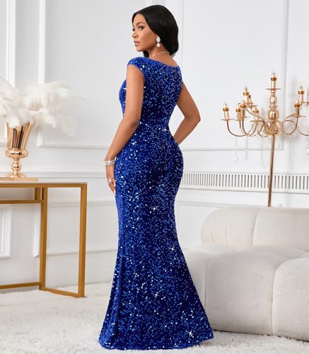 Image of dasmzper Women's Sequin Evening Gown - Elegant Sleeveless V Neck Mermaid Formal Maxi Dress for Wedding, Prom or Party