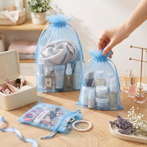 Image of FUNFERY 100PCS Baby Blue Organza Gift Bags 5x7in,Drawstring Jewelry Pouch