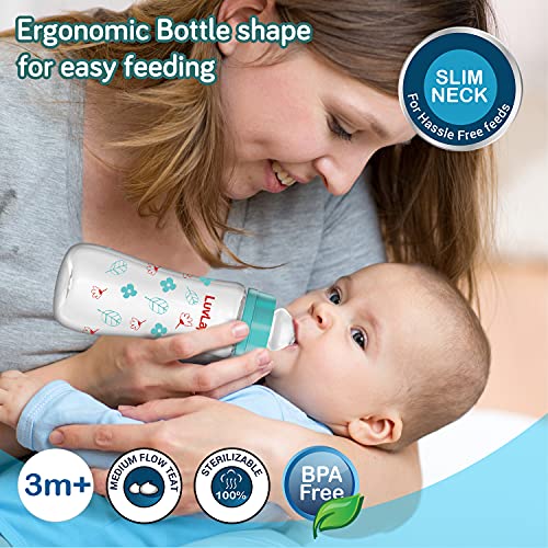 Image of LuvLap Anti-Colic Slim /Regular Neck Essential Baby Feeding Bottle, 250ml (Pack of 2),Blue & Paraben Free Wipes for Baby Skin with Aloe Vera,72 Wipes /Pack with Lid Pack, 3 Packs
