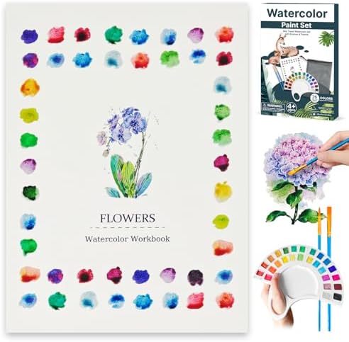 Watercolor Workbook, Water Coloring Book with 13 Pages 300GSM Paper, 26 Colors Watercolor Paint Set with Brush & Storage Bag, Beginner-Friendly Coloring Book for Adults – Flowers Theme Art Kit