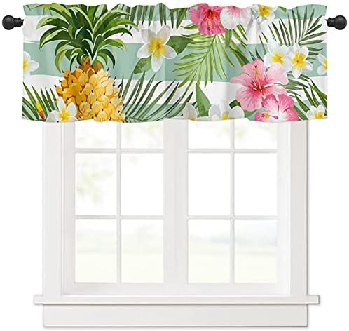 Queen Area Rod Pocket Short Curtain Valances Tropical Flowers Decorations, Pineapple Fruit Pattern Window Valance for Living Room Bedroom Kitchen Bathroom 54 x 18 Inches