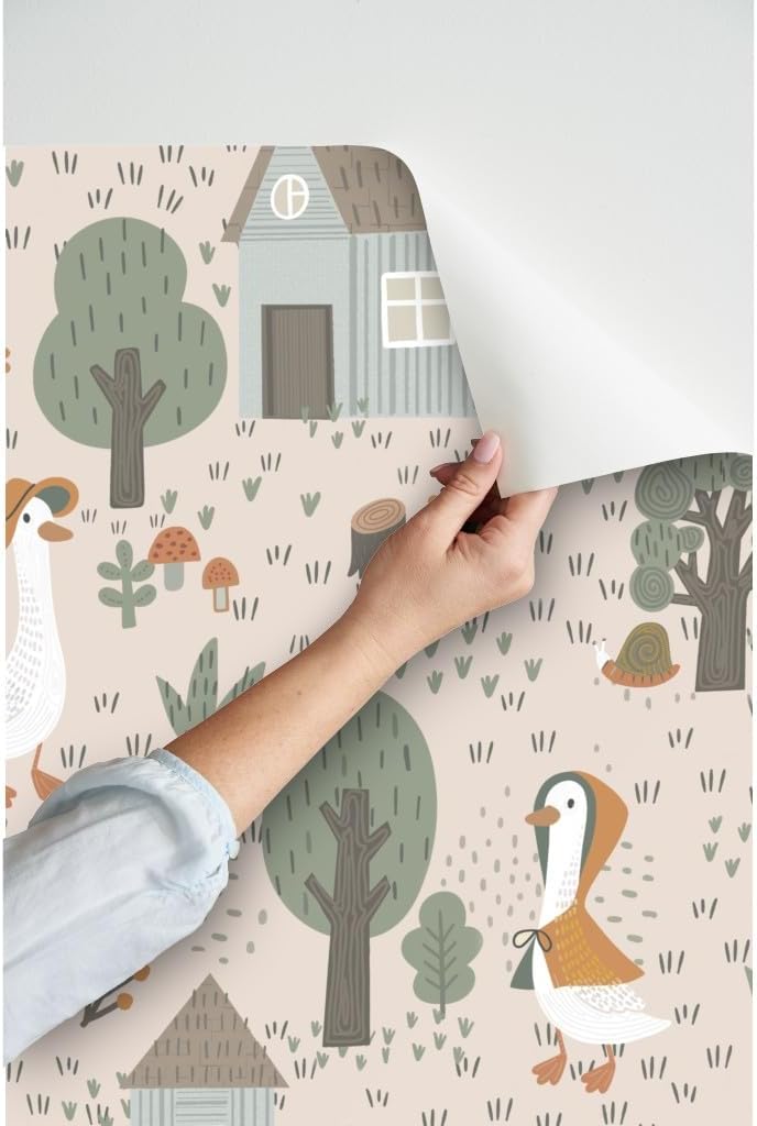 Peel & Stick Wallpaper 3ft x 2ft - Whimsical Scandi Farmhouse Cottagecore Baby Kids Goose Farm Animals Trees Mushroom Nature Custom Removable Wallpaper by Spoonflower